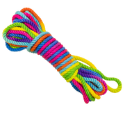 A coiled rainbow-colored bamboo silk bondage rope.