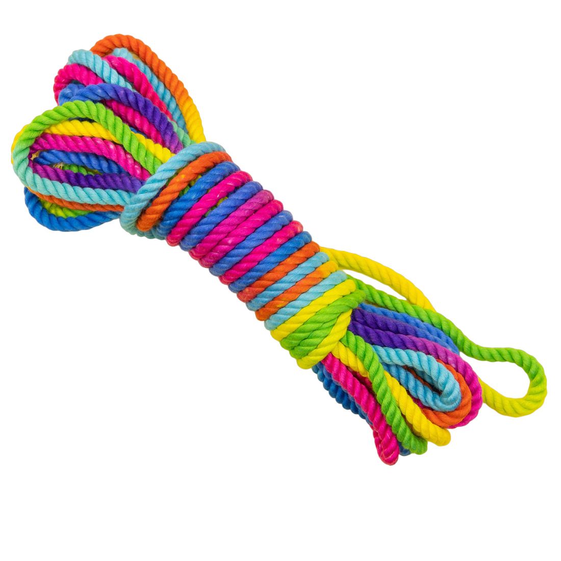 A coiled rainbow-colored bamboo silk bondage rope.