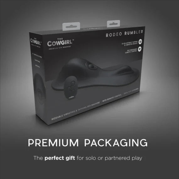 The Cowgirl Rodeo Rumbler sex machine with remote control on its packaging.