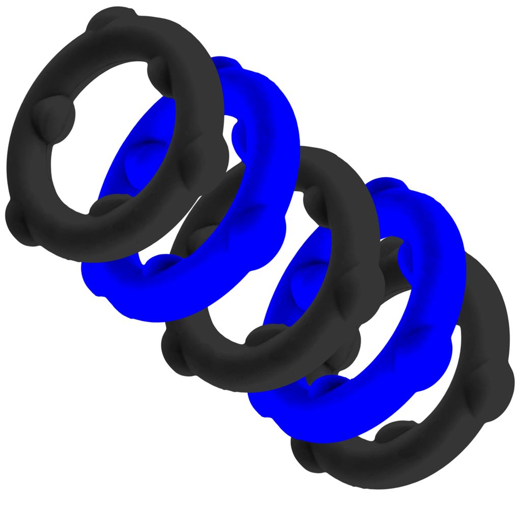Five silicone cock rings, alternating blue and black, with raised nubs.