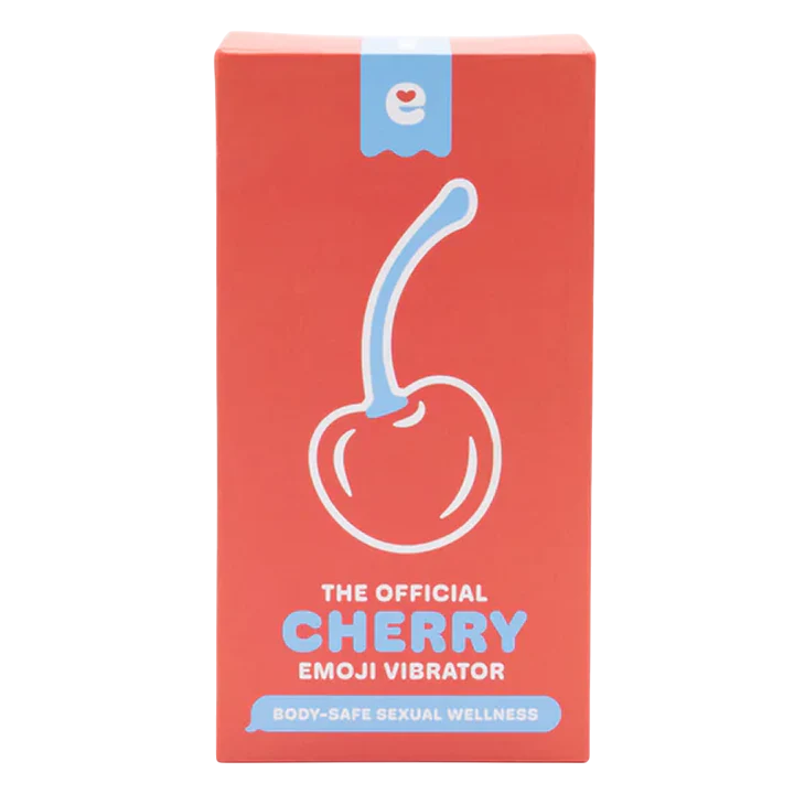 A red box with a cherry emoji and text that reads "The Official Cherry Emoji Vibrator".