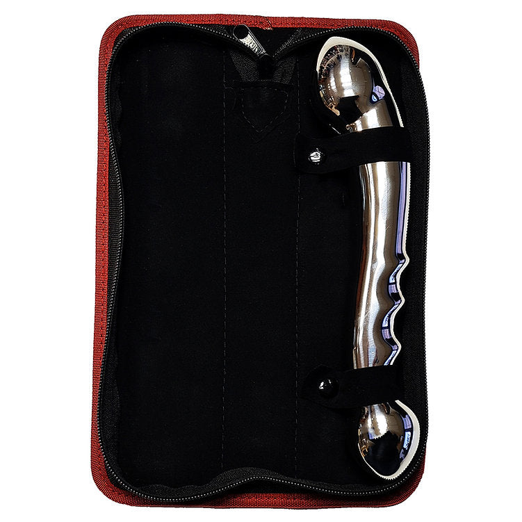 Stainless steel dildo with a textured handle and rounded ends in a red case.