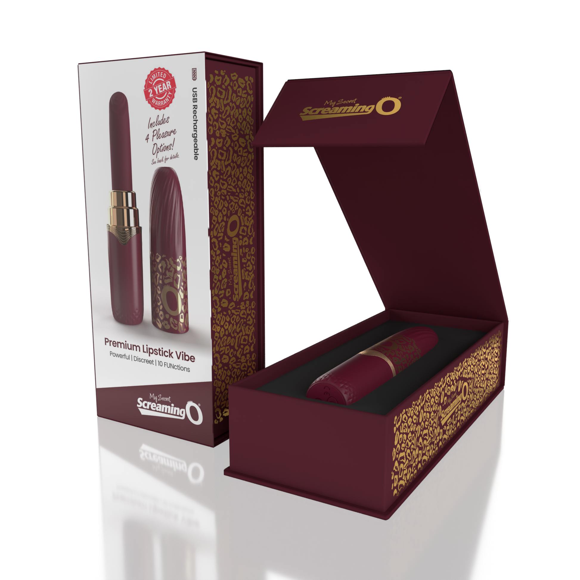 A merlot rechargeable lipstick vibrator with gold accents and leopard print packaging.