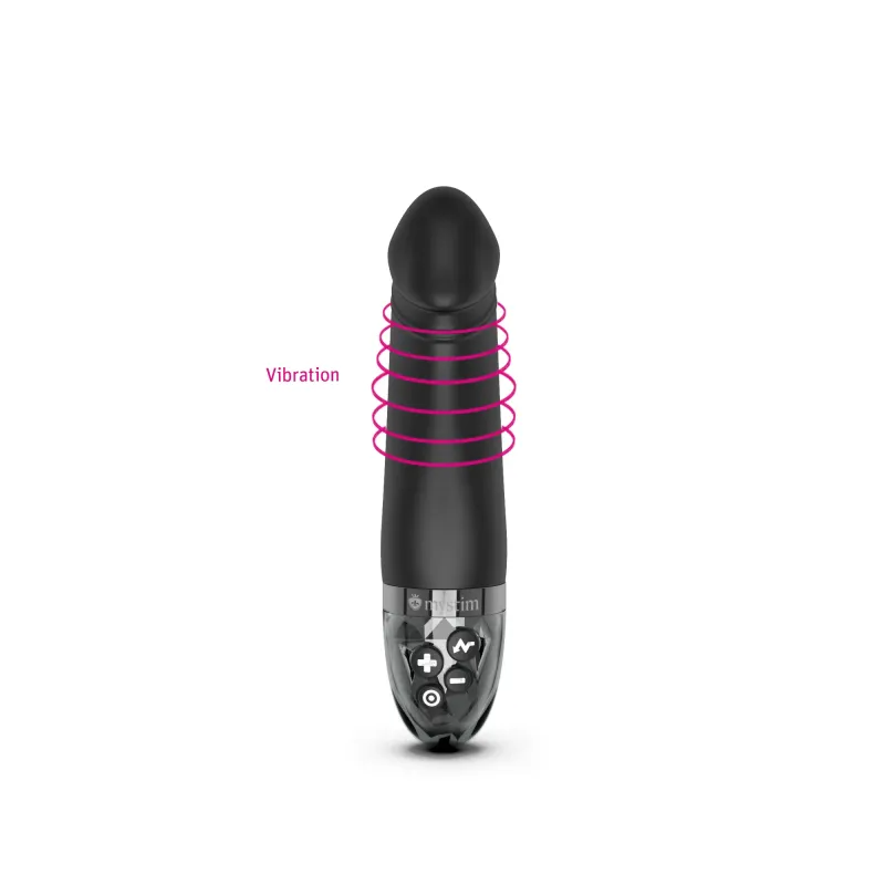 Black vibrator with pink vibration rings and control buttons.