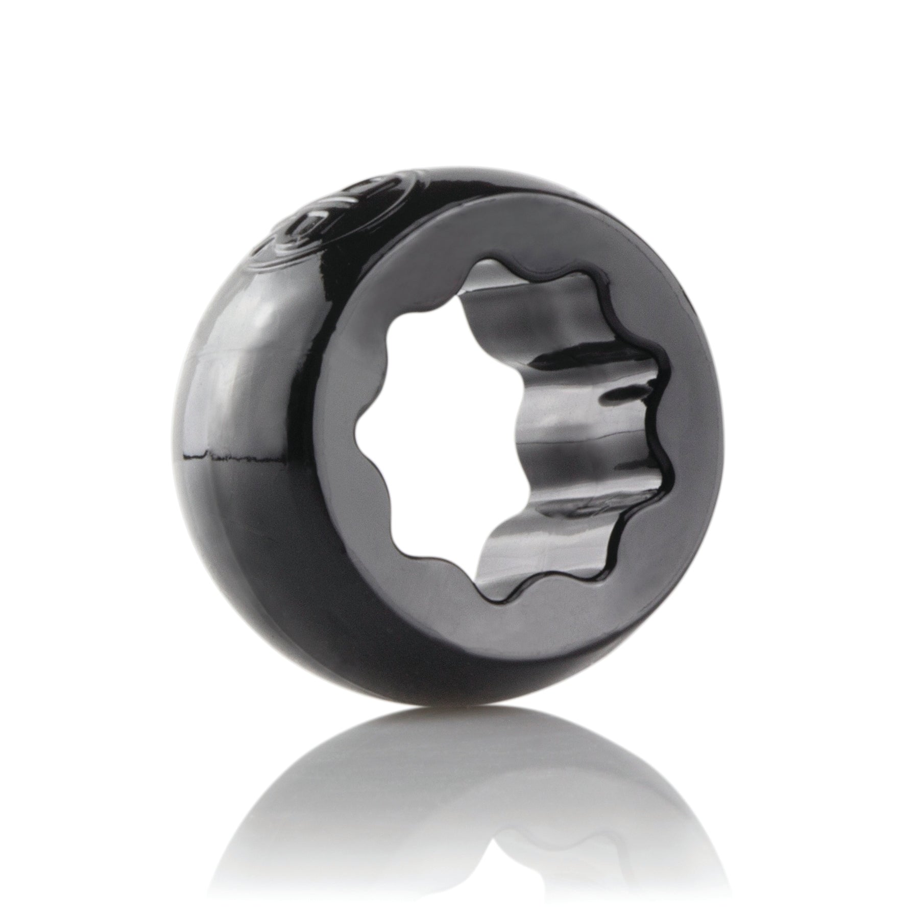 Black stretchy penis ring with a star-shaped opening.