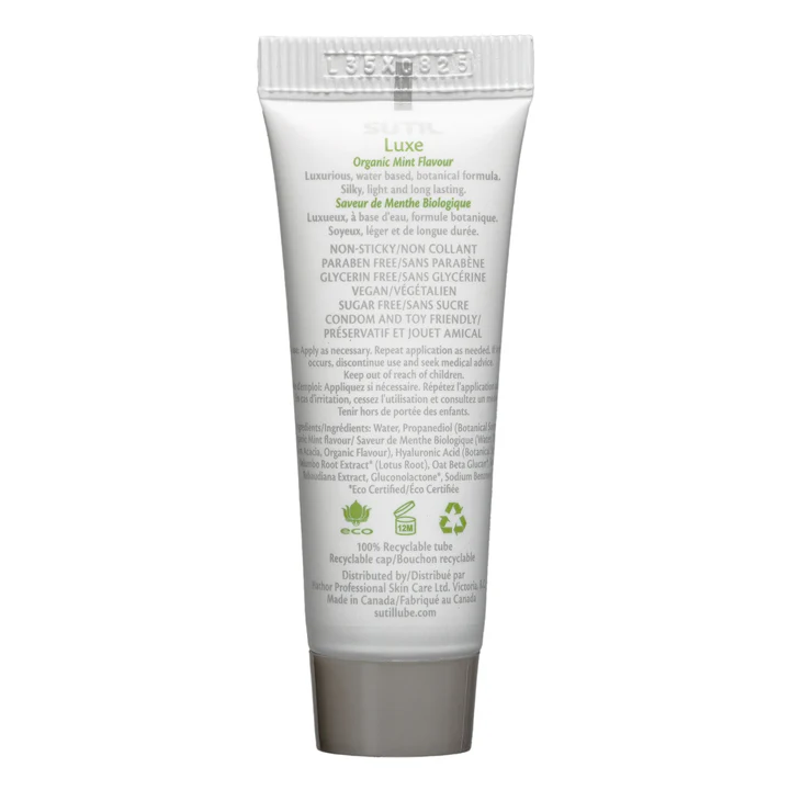Sutil Luxe Organic Mint Flavour water-based personal lubricant tube.