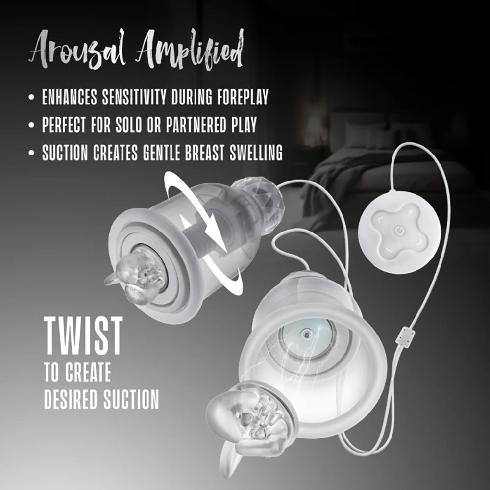 A wearable nipple massager with a remote control and adjustable suction cups.