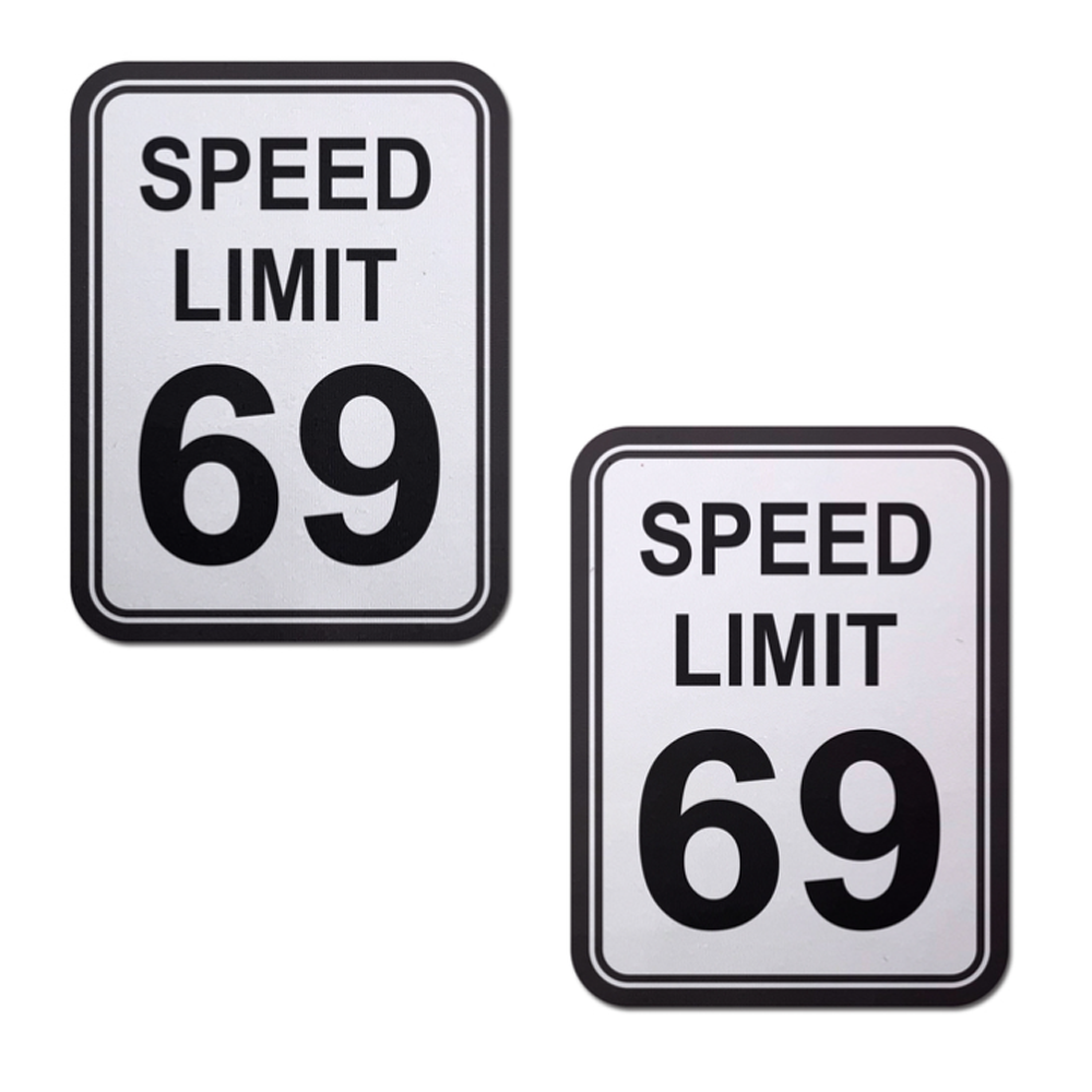 Two speed limit 69 nipple pasties on a white background.