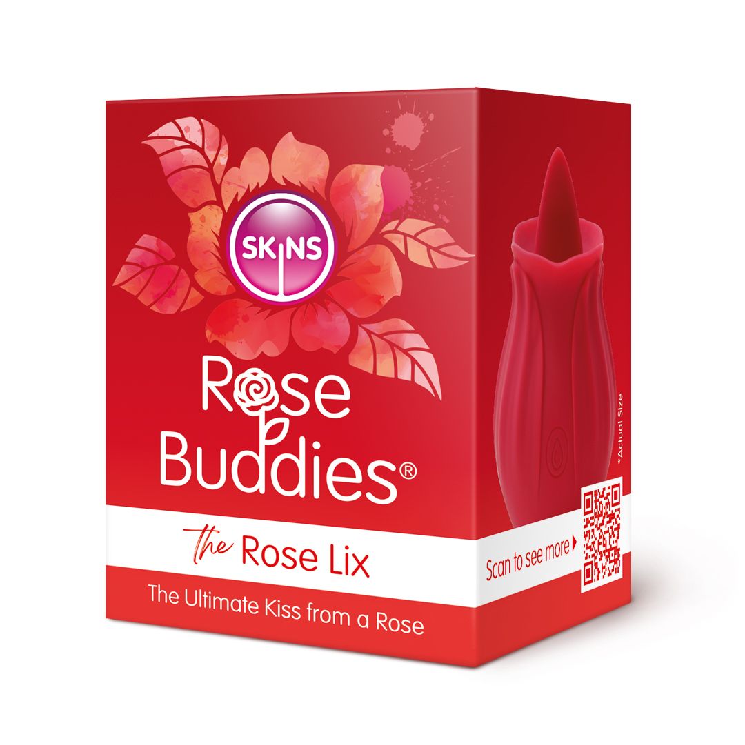 A red box with "Rose Buddies" and a rose design, featuring a red rose-shaped vibrator.