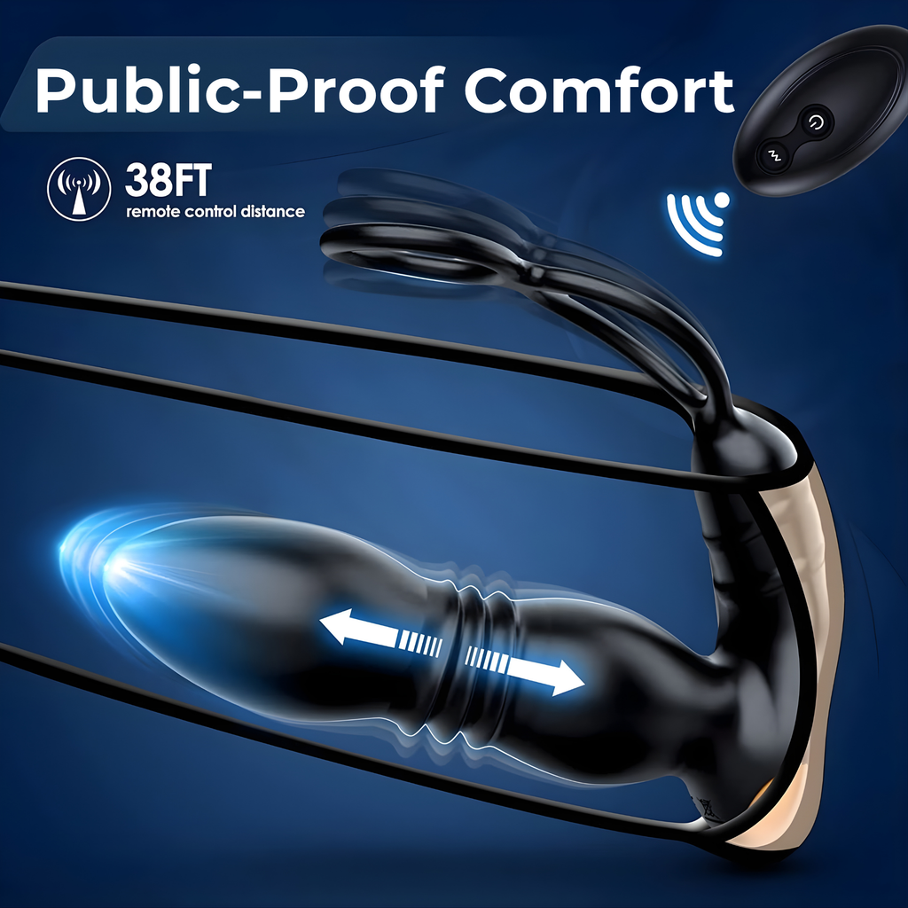 Black and gold thrusting prostate vibrator with remote and app control.