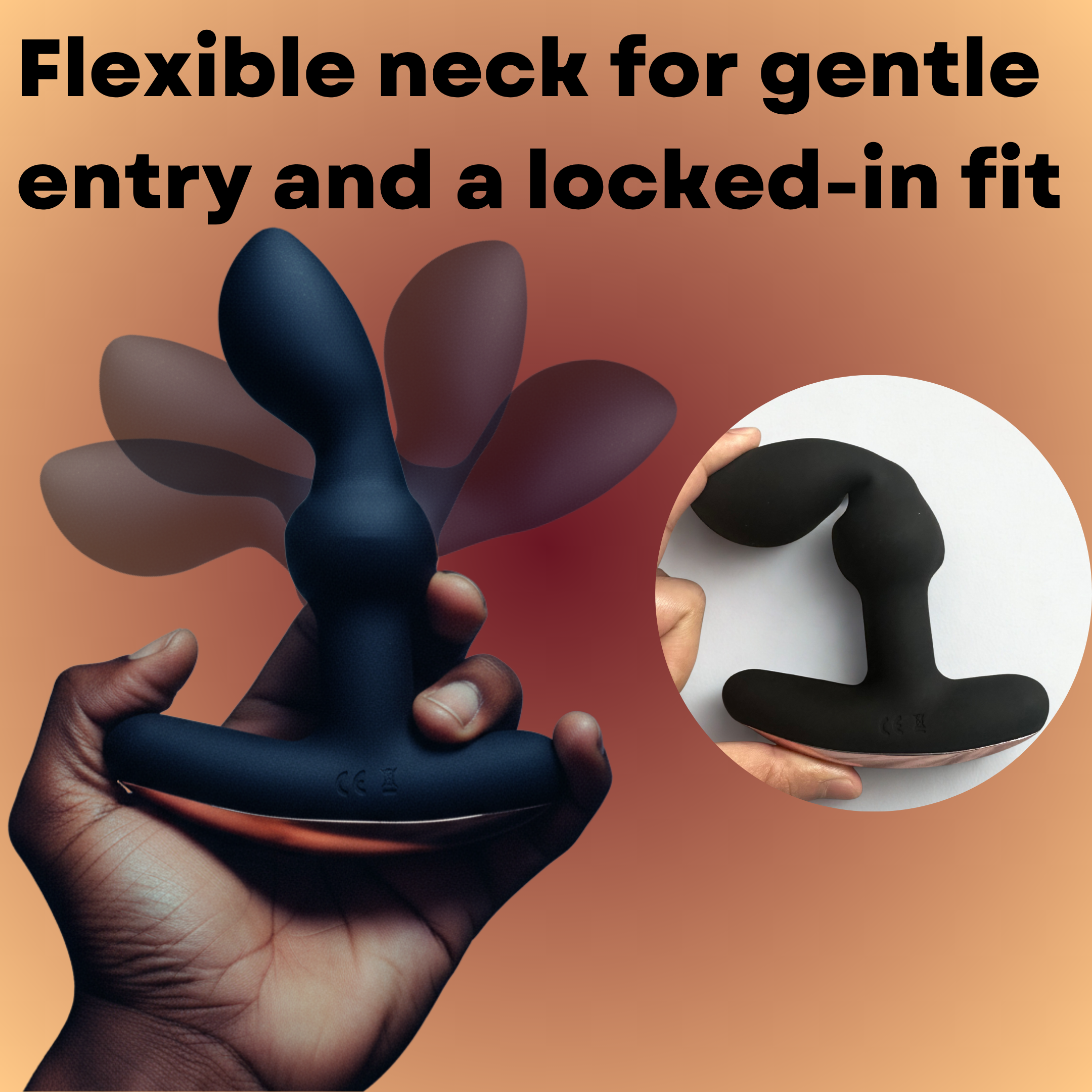 Black prostate massager with a flexible neck held in a hand.