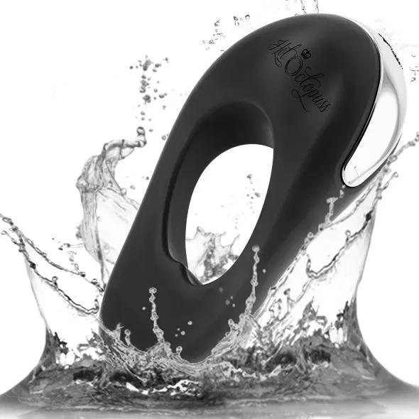 Black silicone cock ring with "Hot Octopuss" logo, partially submerged in water.