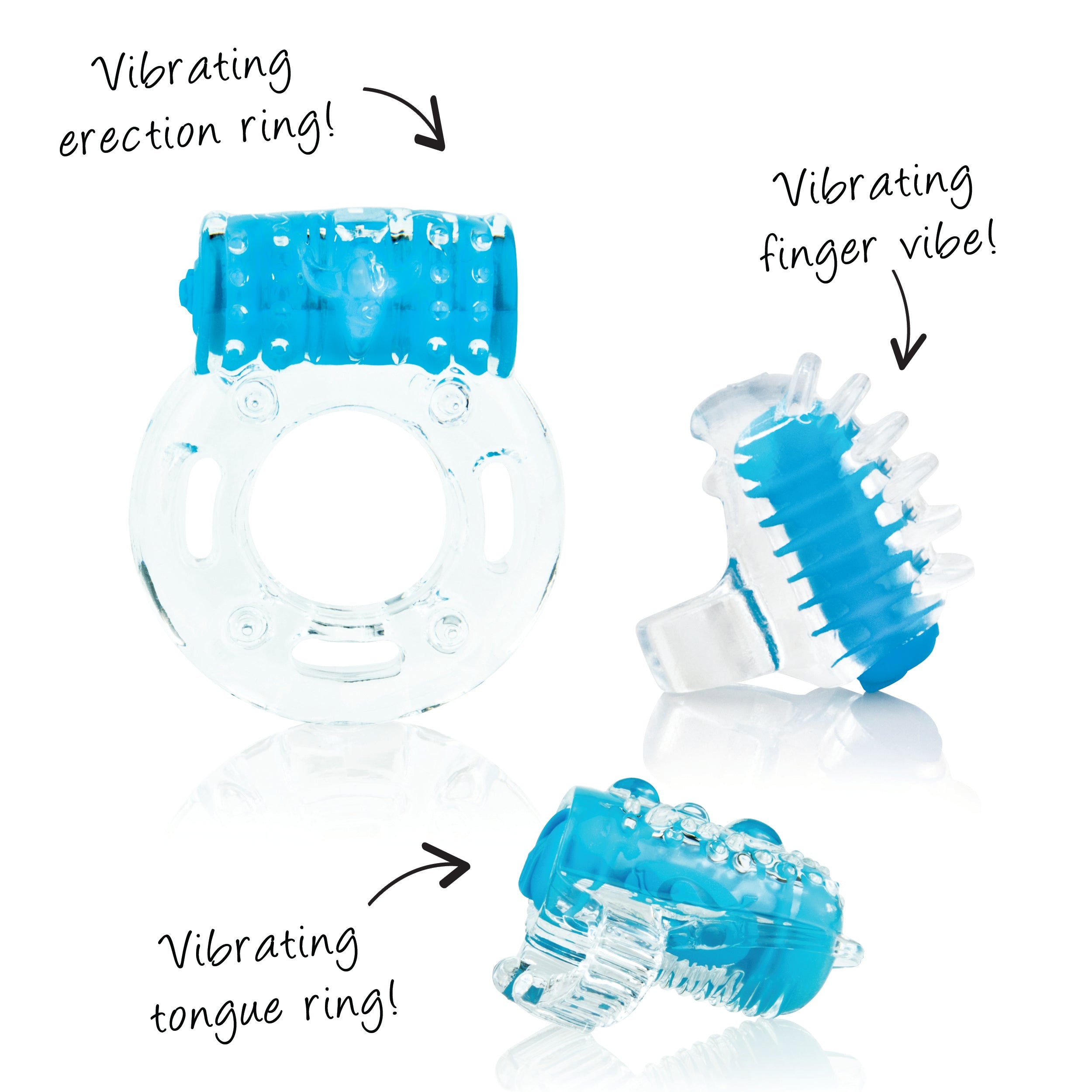 Blue vibrating male pleasure starter kit with three distinct attachments.