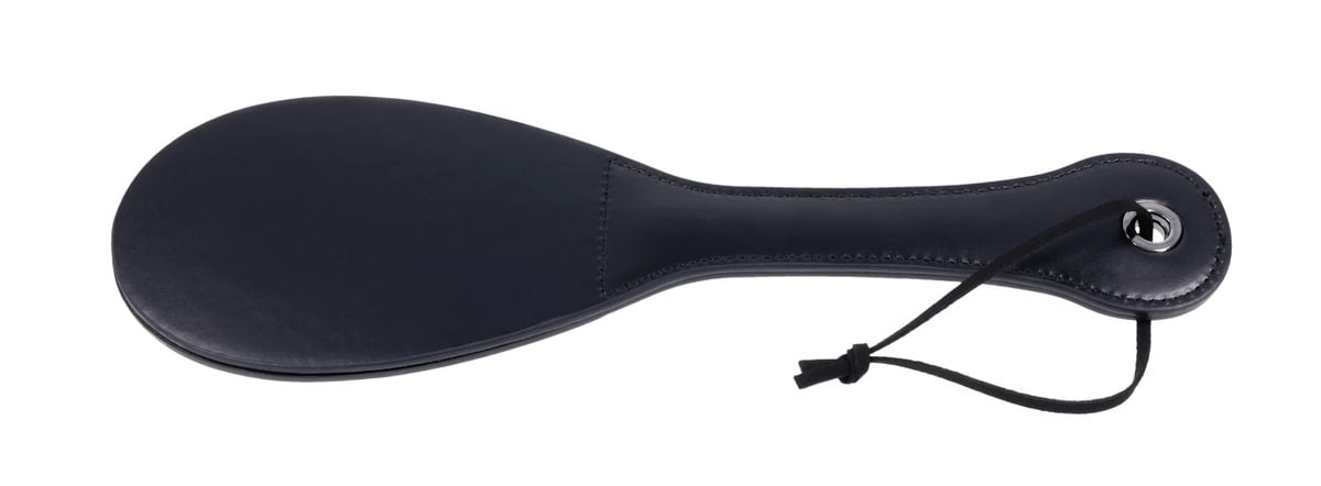 Black faux leather spanker paddle with a split tip and wrist strap.