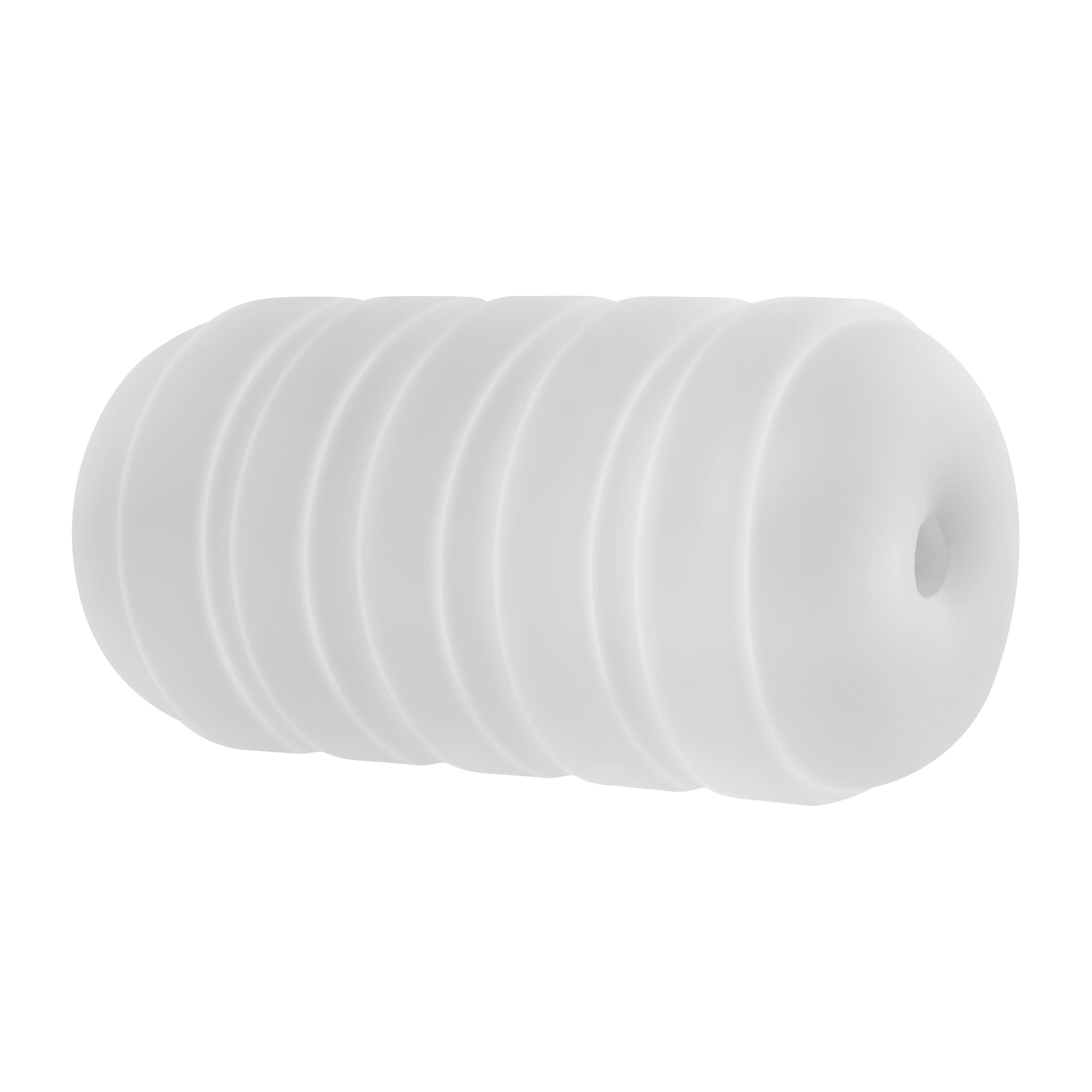 A white, ribbed TPE stroker with a vibrating C-ring.