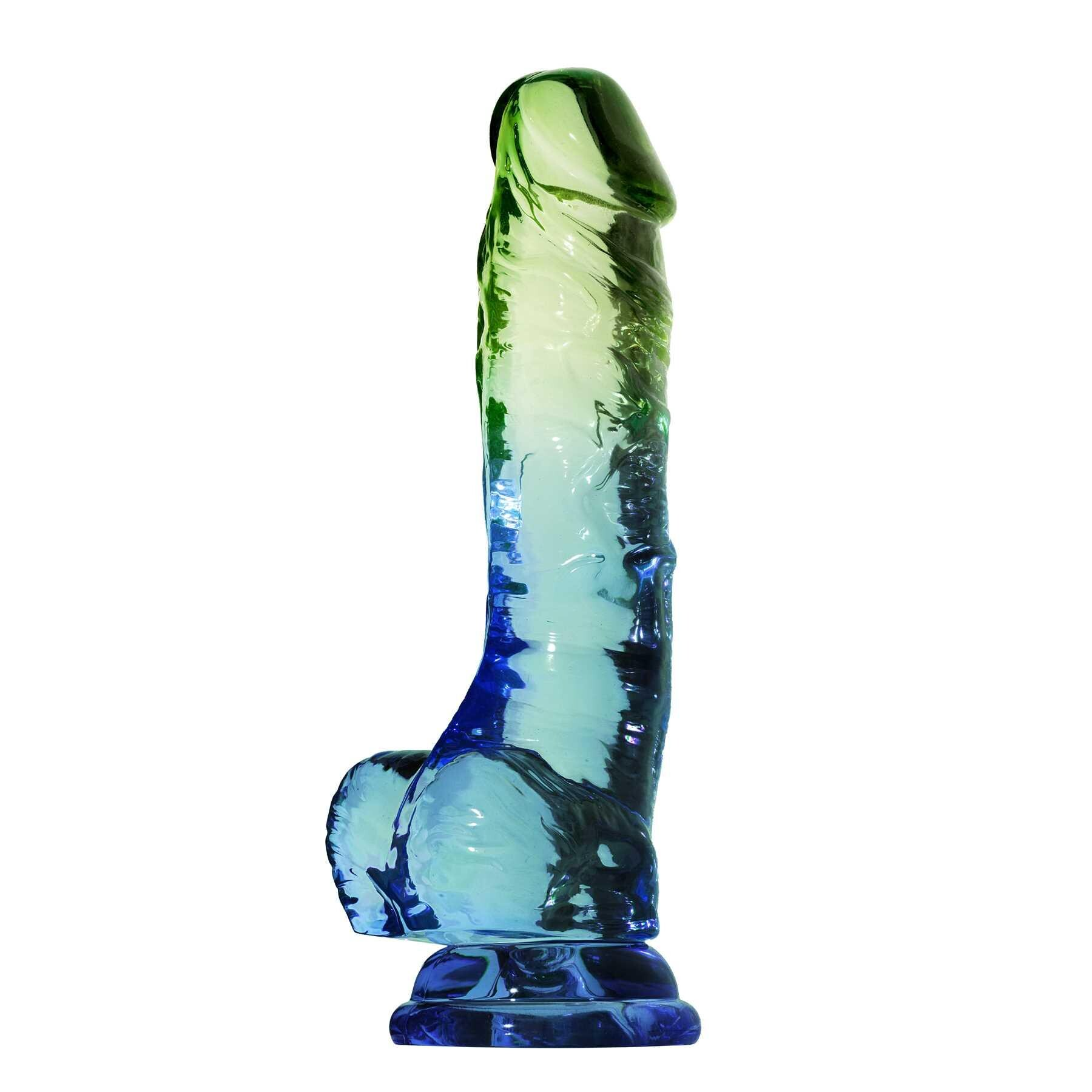 Realistic 8.5-inch green-to-blue gradient TPE suction cup dildo with lifelike veins and balls.