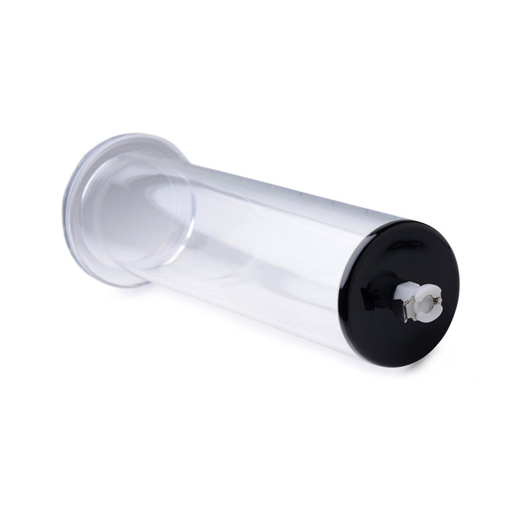 Clear penis pump cylinder with a black base and white valve.
