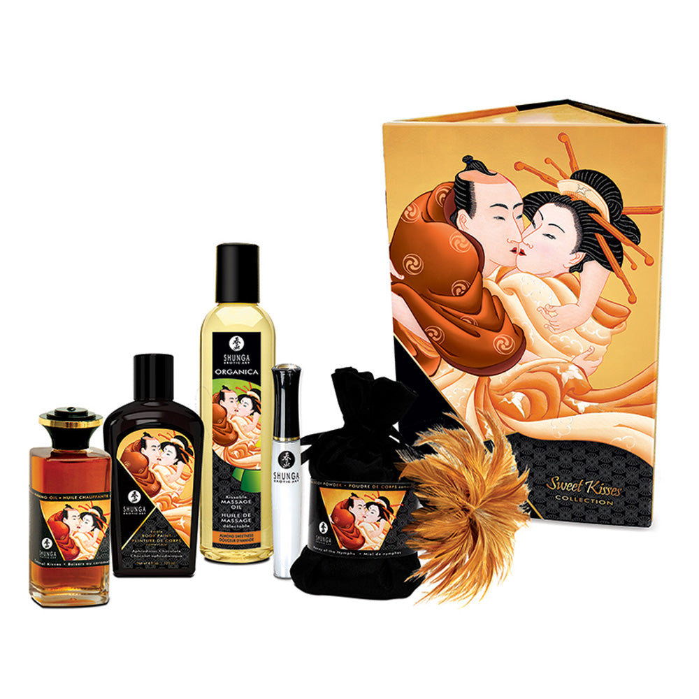 Shunga Sweet Kisses gift set with massage oil, body paint, warming oil, gloss, powder, and feather tickler.