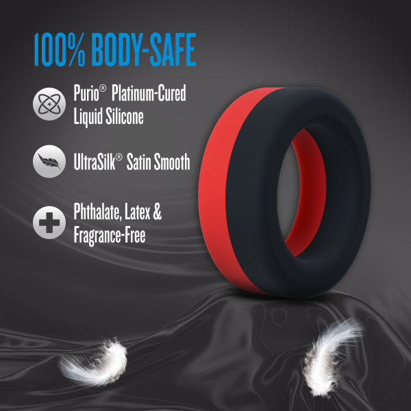 A black and red silicone cock ring with body-safe features.