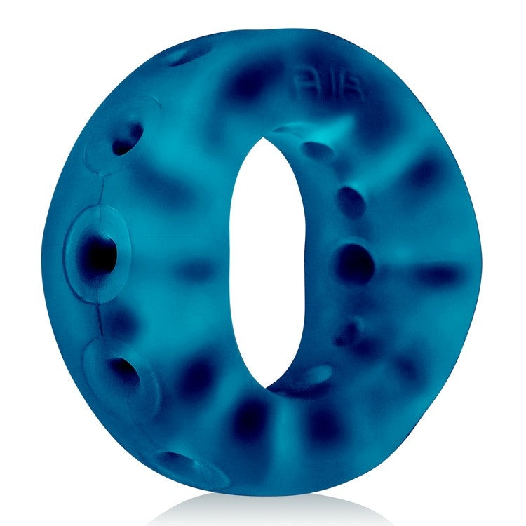 Blue silicone cock ring with ventilation holes.