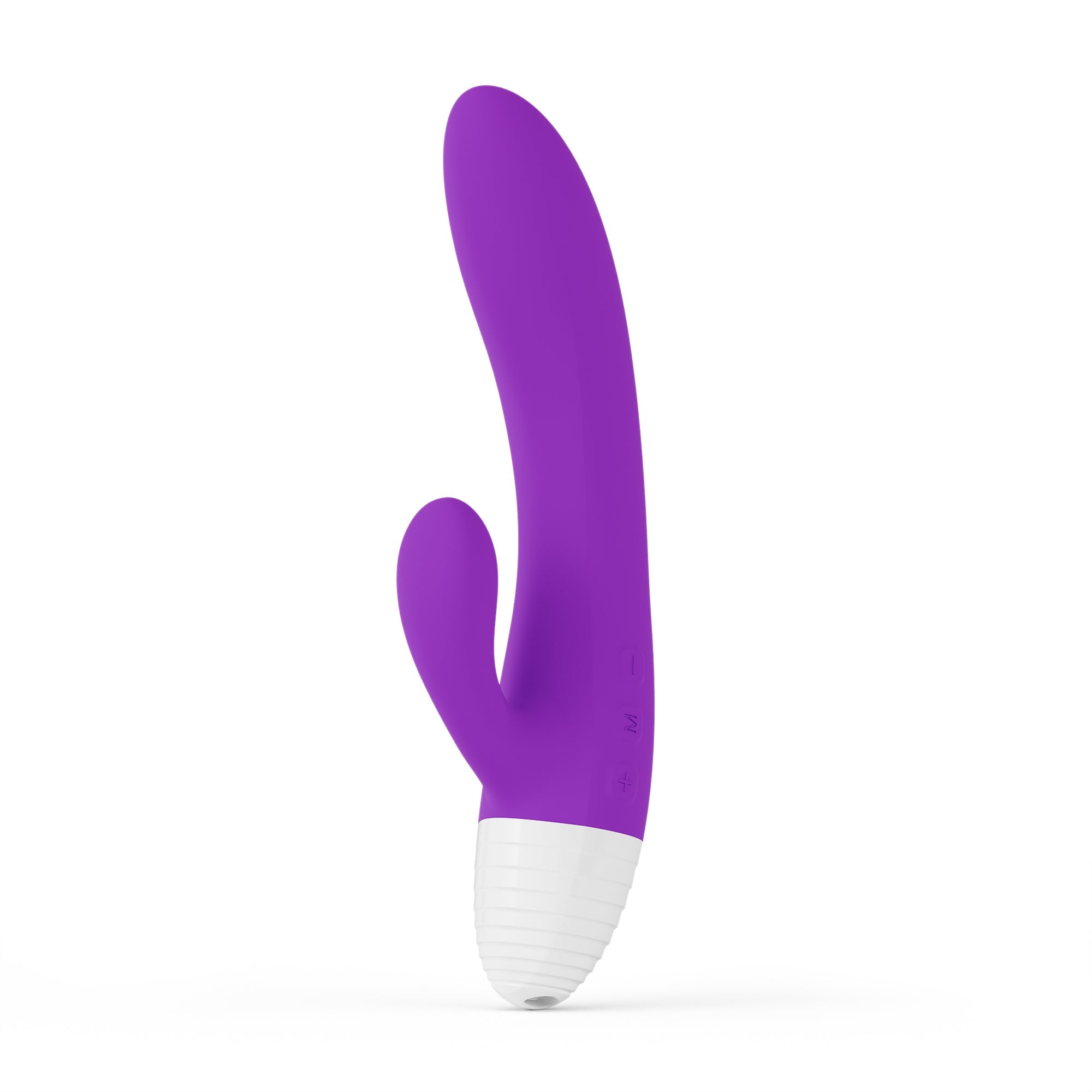 A purple rabbit vibrator with a white ribbed base and control buttons.
