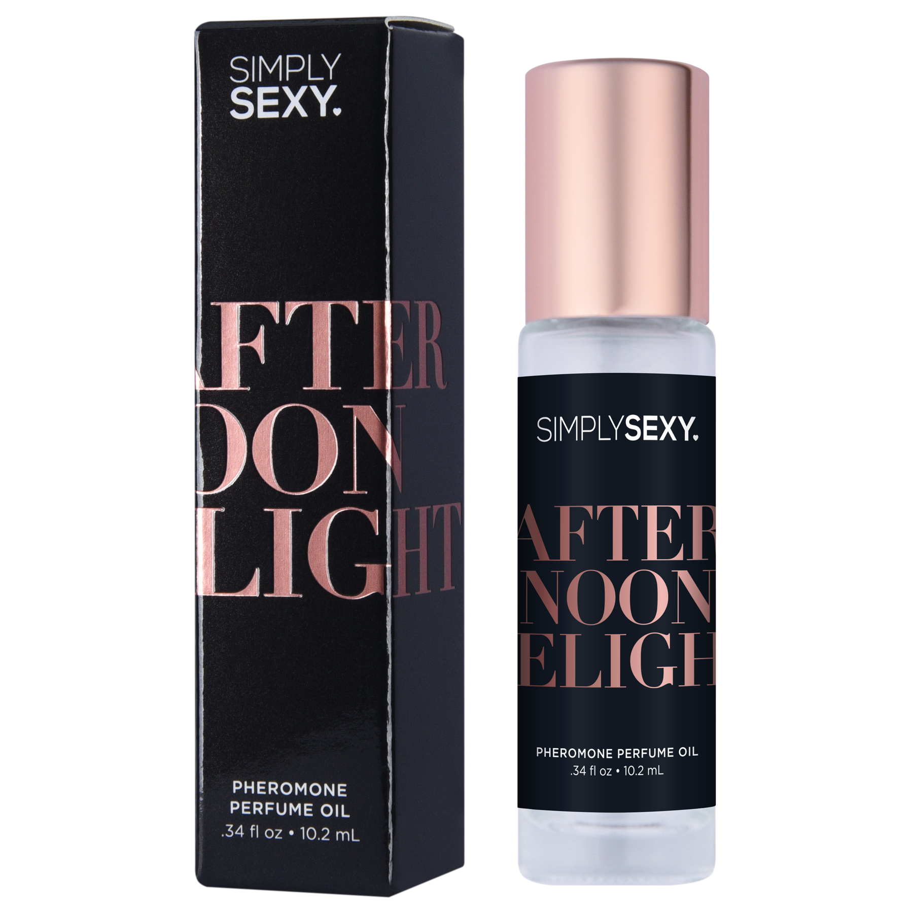 Simply Sexy Afternoon Delight Pheromone Perfume Oil roll-on with rose gold cap.