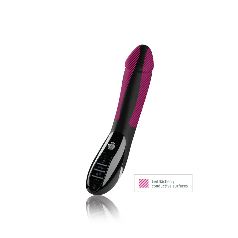 Black and magenta e-stim vibrator with control buttons.