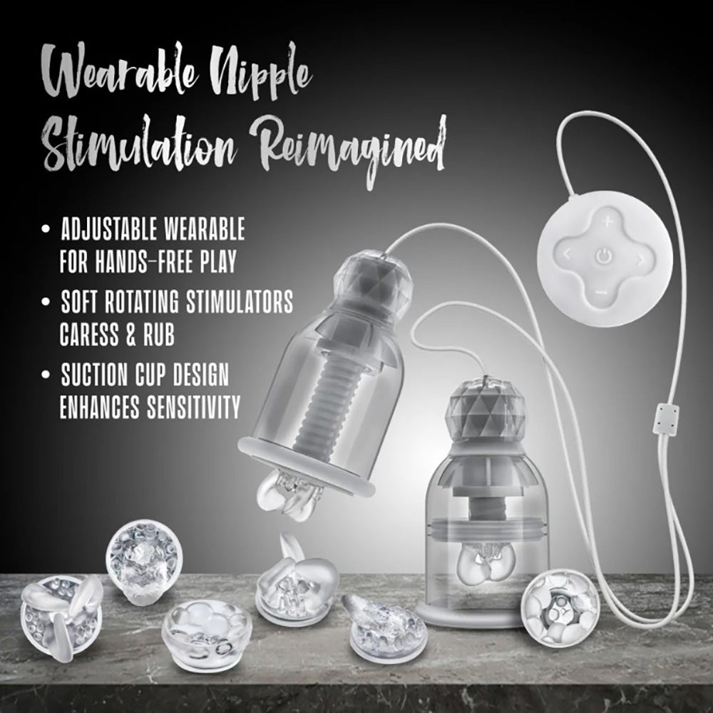 Wearable nipple massager with remote and rotating stimulators.