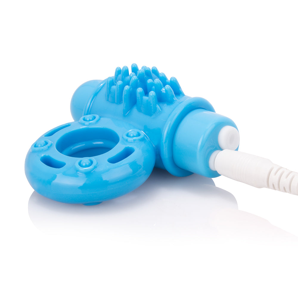 Blue rechargeable vibrating cock ring with textured nubs and a ribbed ring.