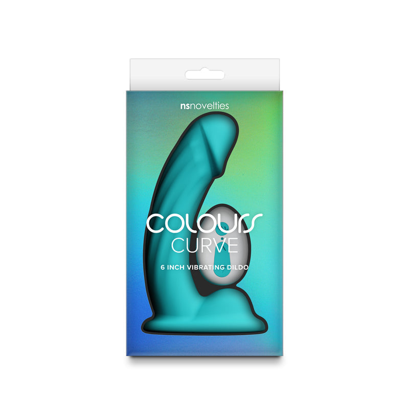 A teal curved vibrating dildo with "Colours Curve" text on its packaging.