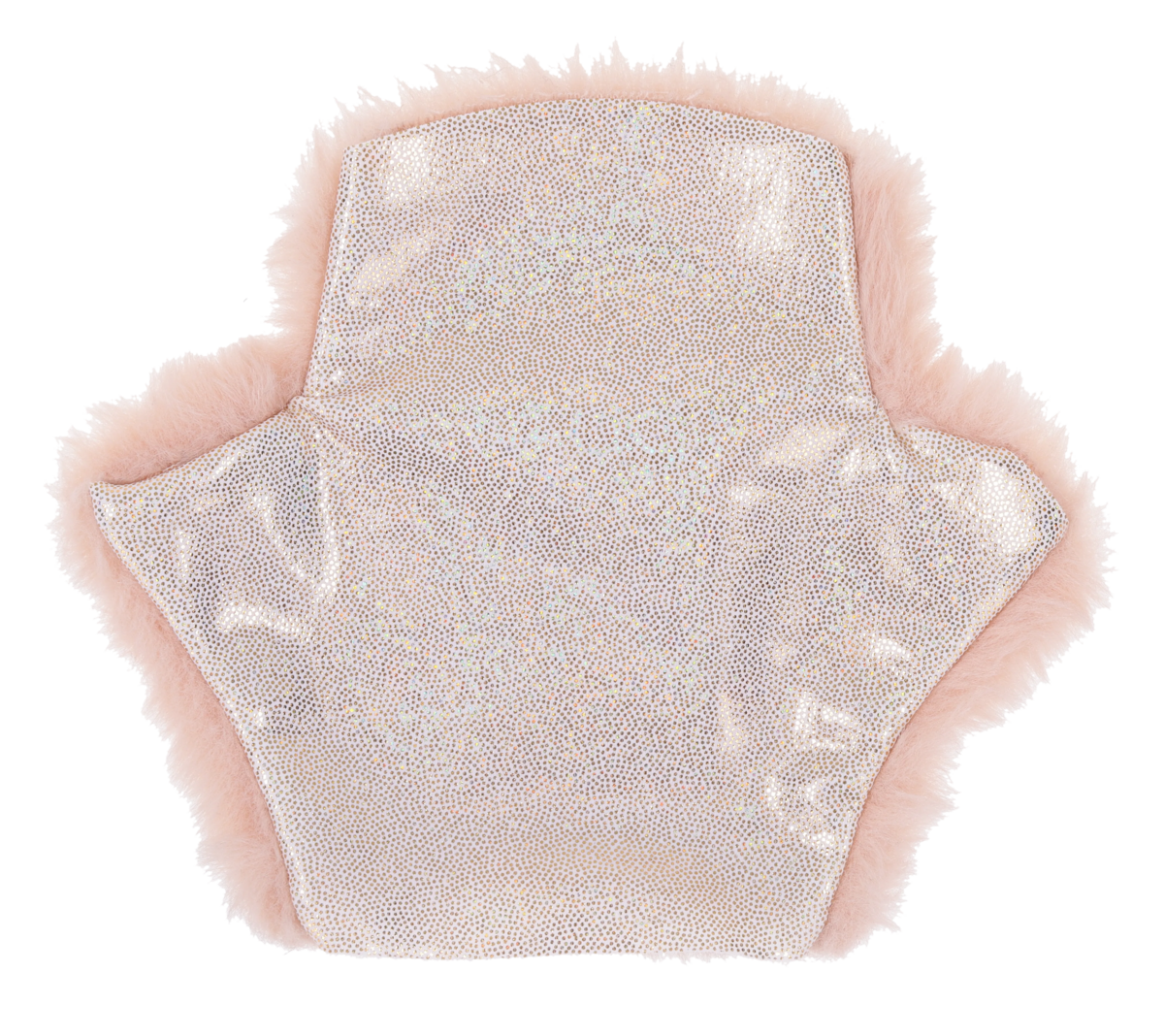 Rose gold spiked sensory glove with pink faux fur trim and a shimmery back.