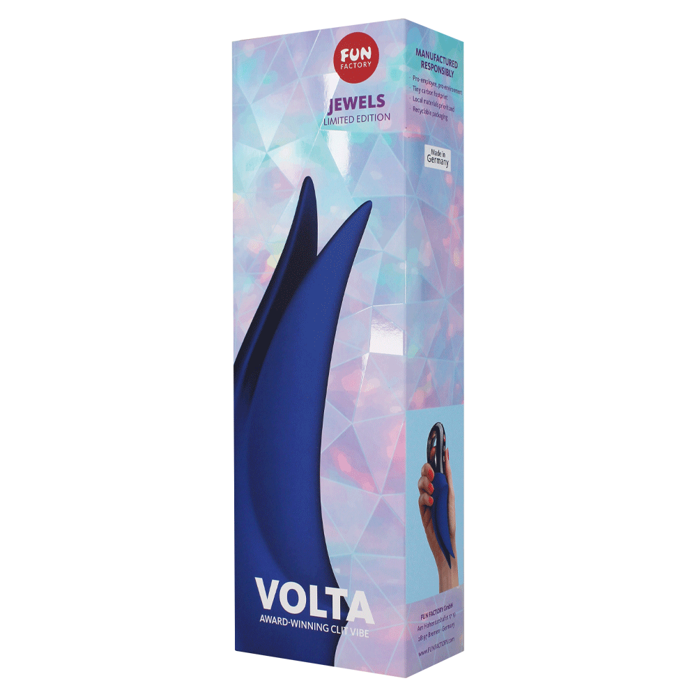 Volta Jewel clitoral vibrator in sapphire with loop handle.