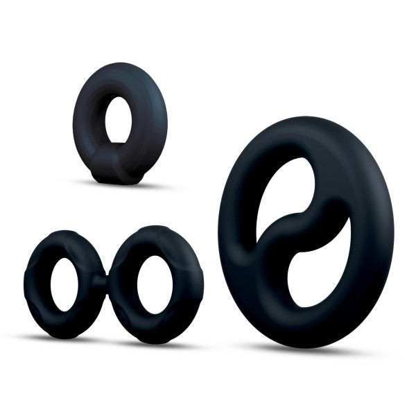 Black silicone cock rings and ball stretcher set.