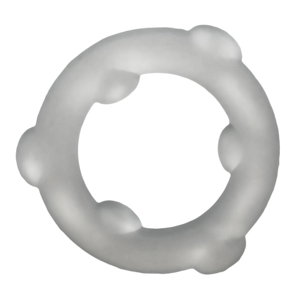 A clear silicone cock ring with four raised nubs.