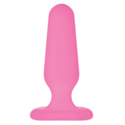 A pink silicone anal plug with a flared base.
