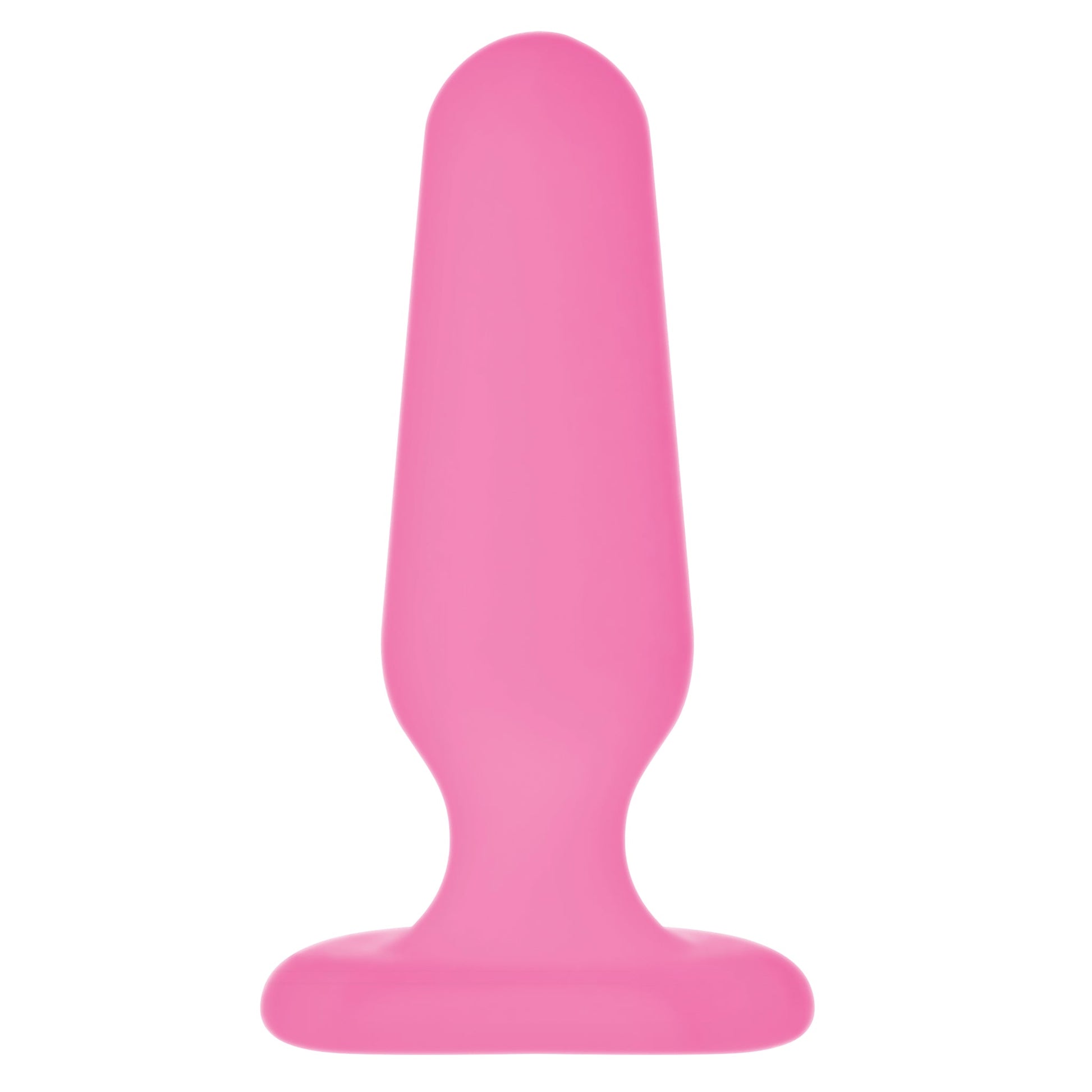 A pink silicone anal plug with a flared base.