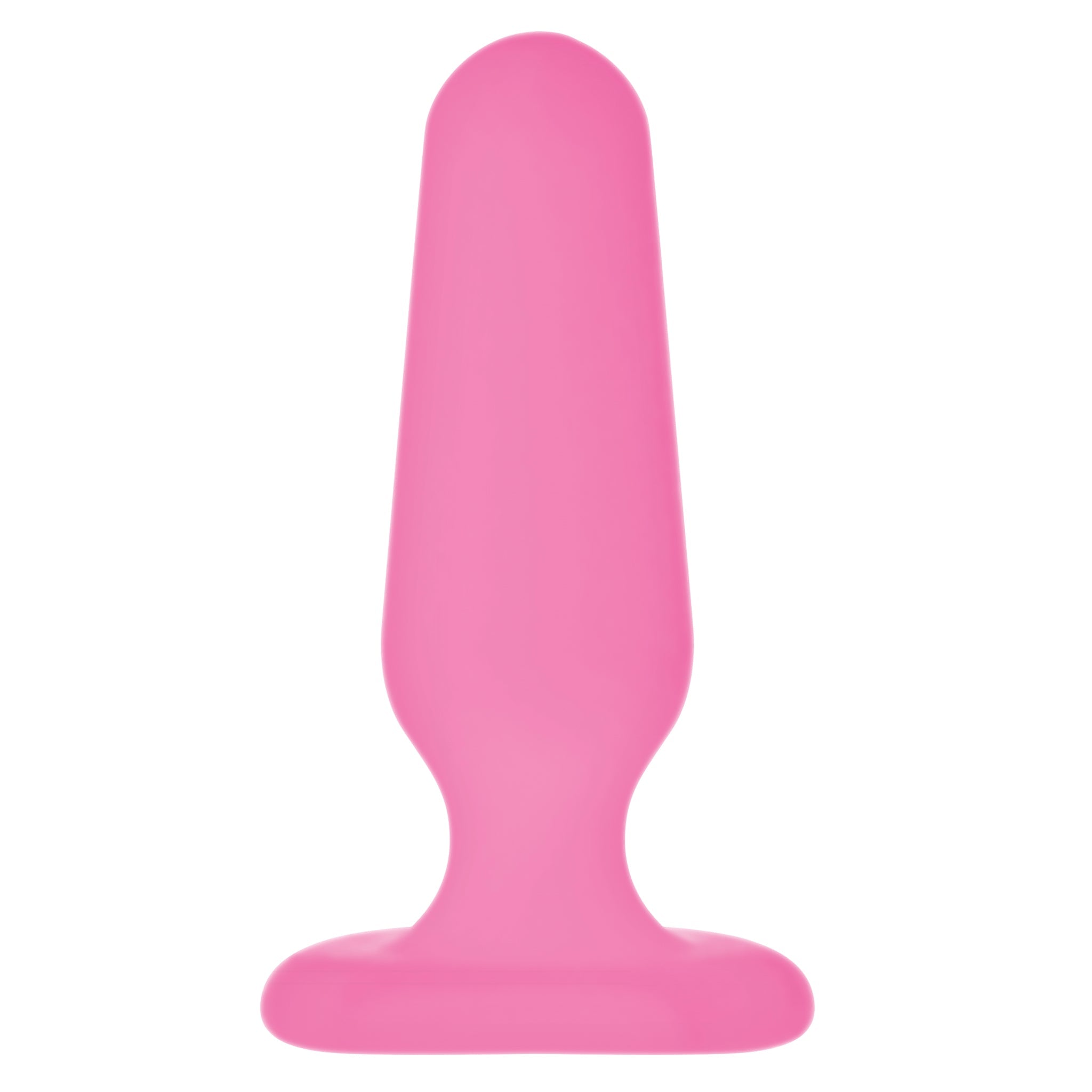 A pink silicone anal plug with a flared base.