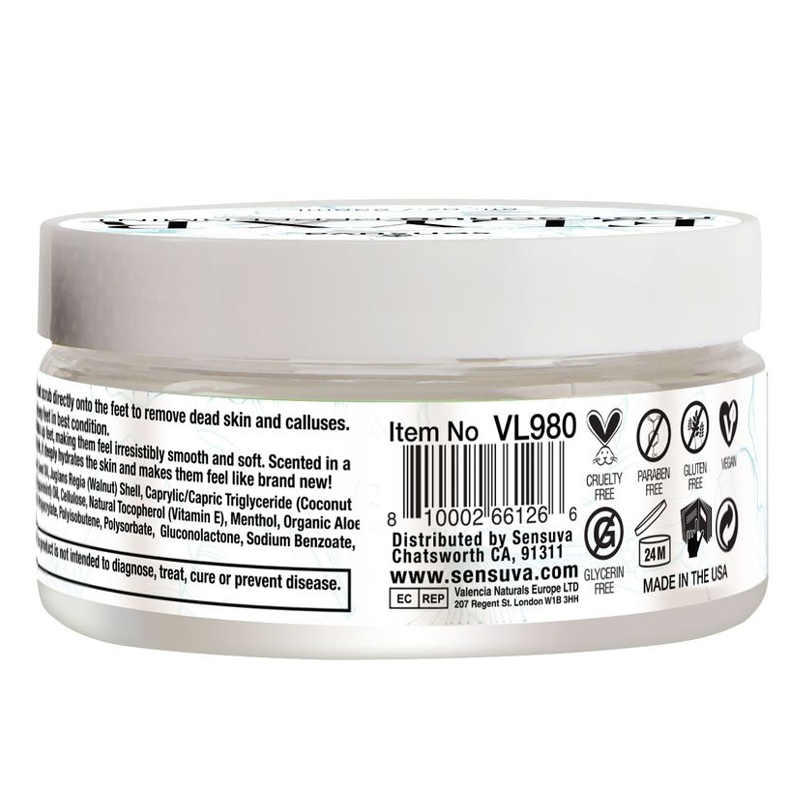 Peppermint foot scrub in a clear jar with product information and icons.