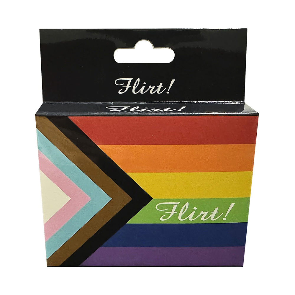 A box for the Flirt! Foreplay Card Game featuring the progress pride flag and the word "Flirt!".