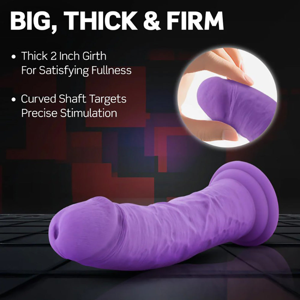 A purple dildo with a curved shaft and suction cup base.