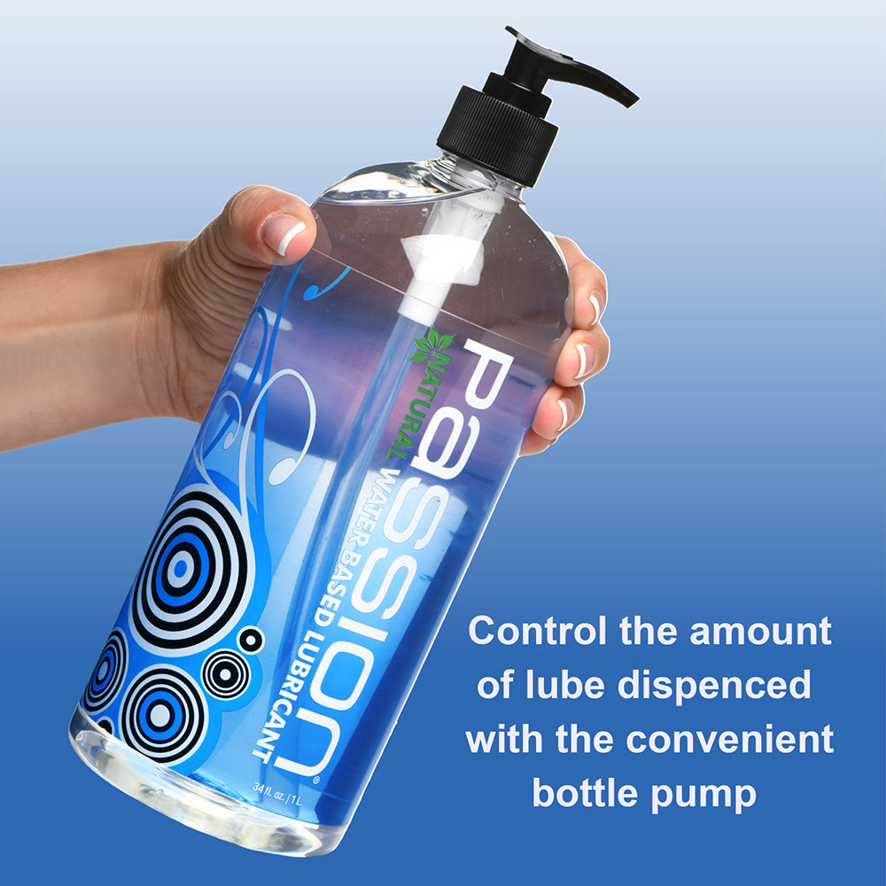 A hand holds a large bottle of Passion Natural Water-Based Lubricant with a pump dispenser.