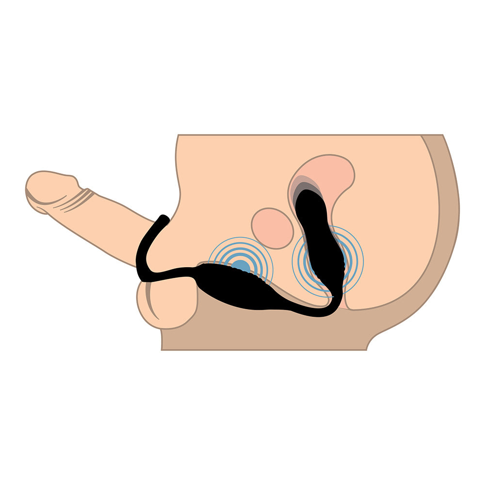Black remote thrusting anal plug with C-ring and taint stimulator, showing insertion and vibration effects.