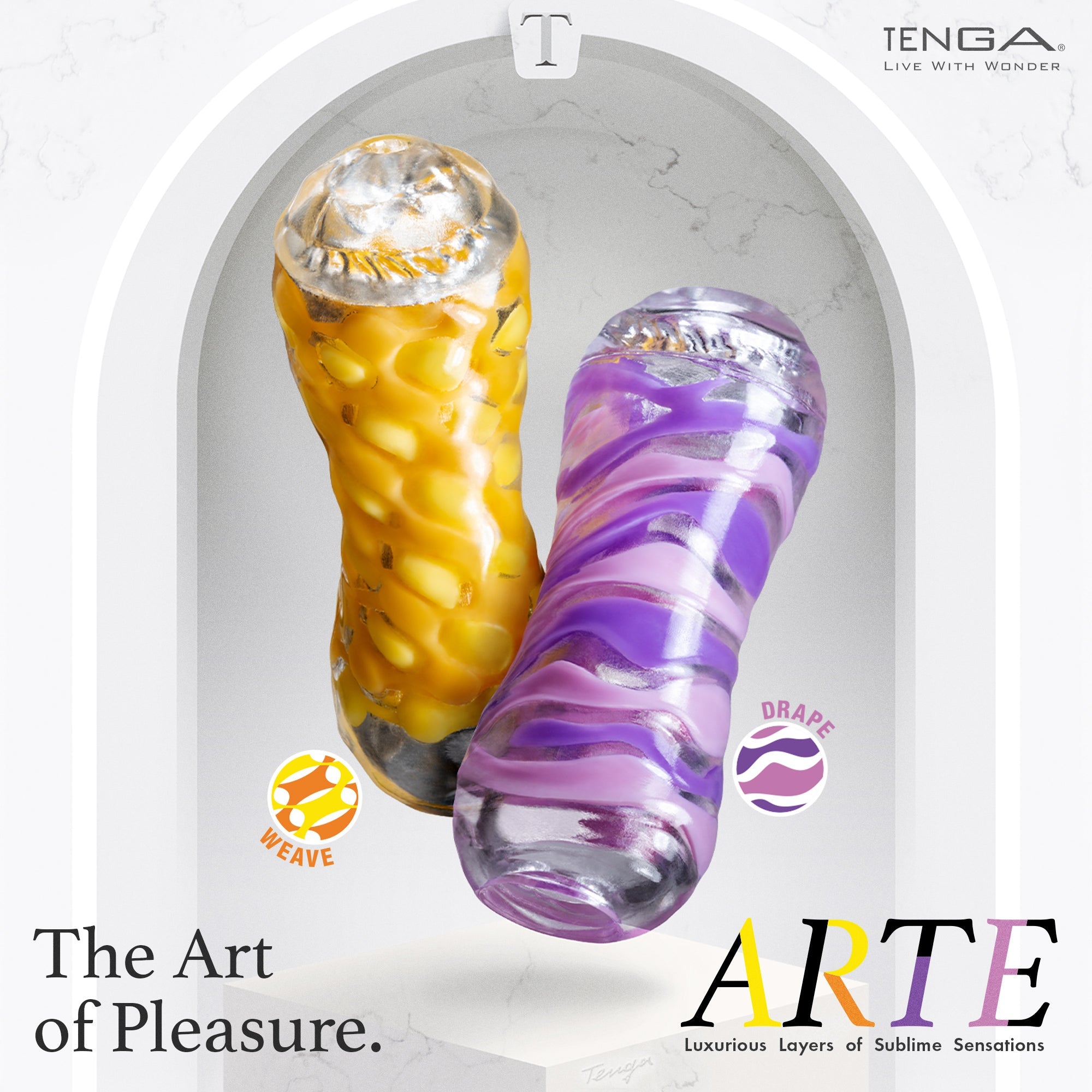 Tenga Arte Series Drape male masturbator with yellow and purple textured elastomer.