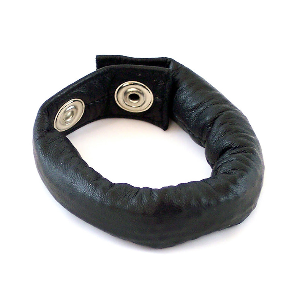 Black leather cock strap and ball stretcher with silver snap buttons.