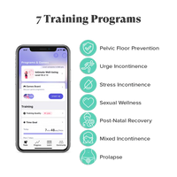 A pelvic floor trainer app displays 7 training programs including Pelvic Floor Prevention and Sexual Wellness.