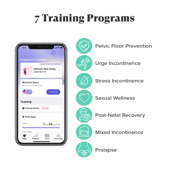A pelvic floor trainer app displays 7 training programs including Pelvic Floor Prevention and Sexual Wellness.