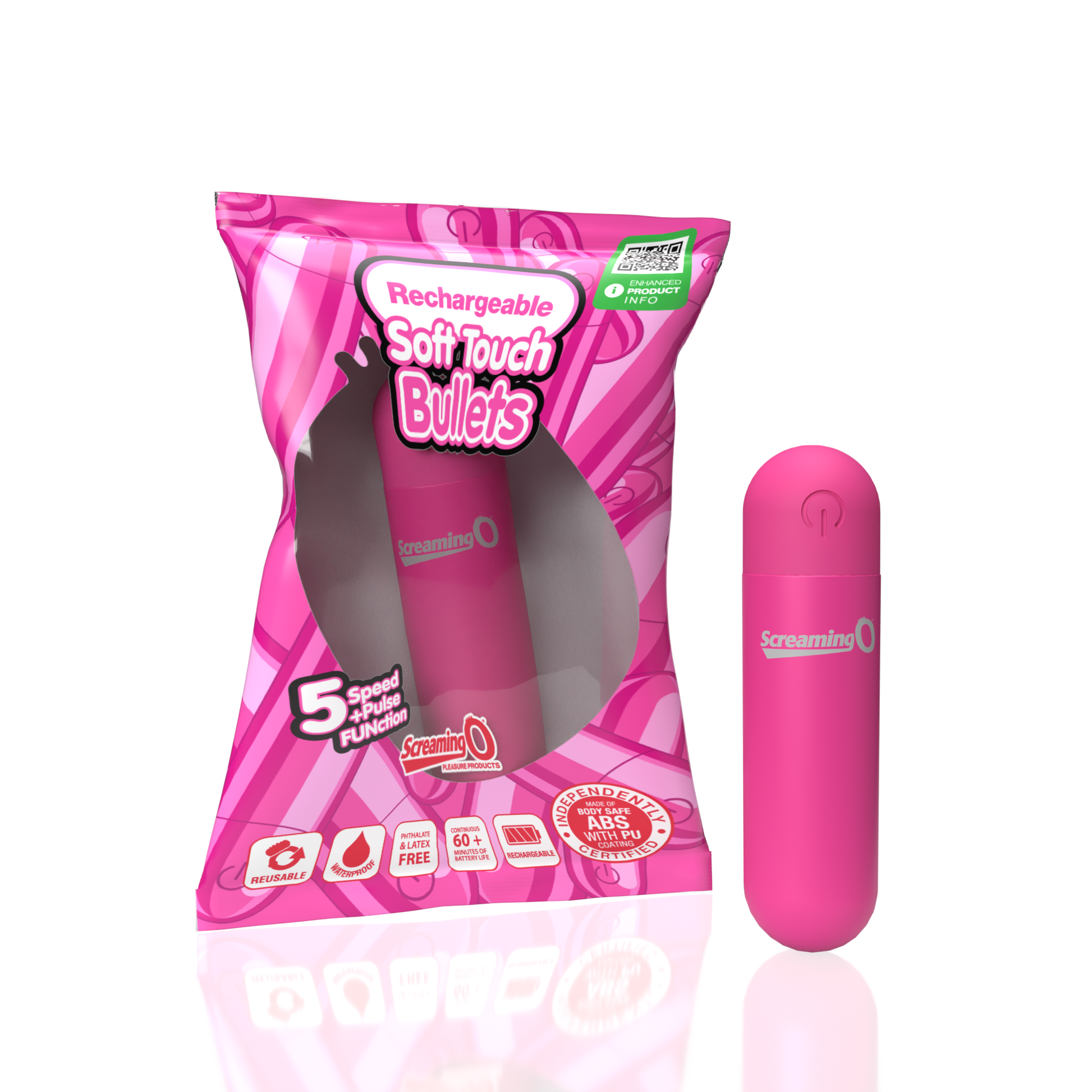 Pink rechargeable bullet vibrator with soft touch coating and 5 speeds plus pulse function.