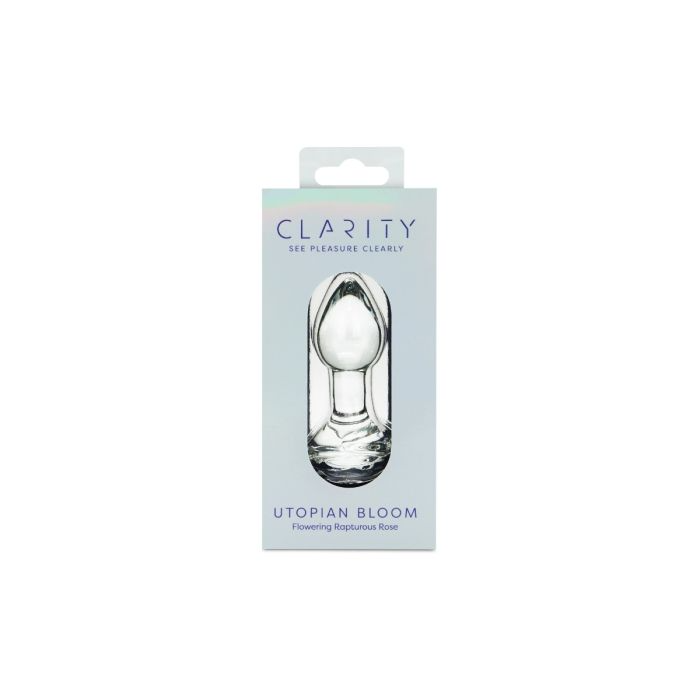 Clarity Utopian Bloom glass butt plug in packaging.