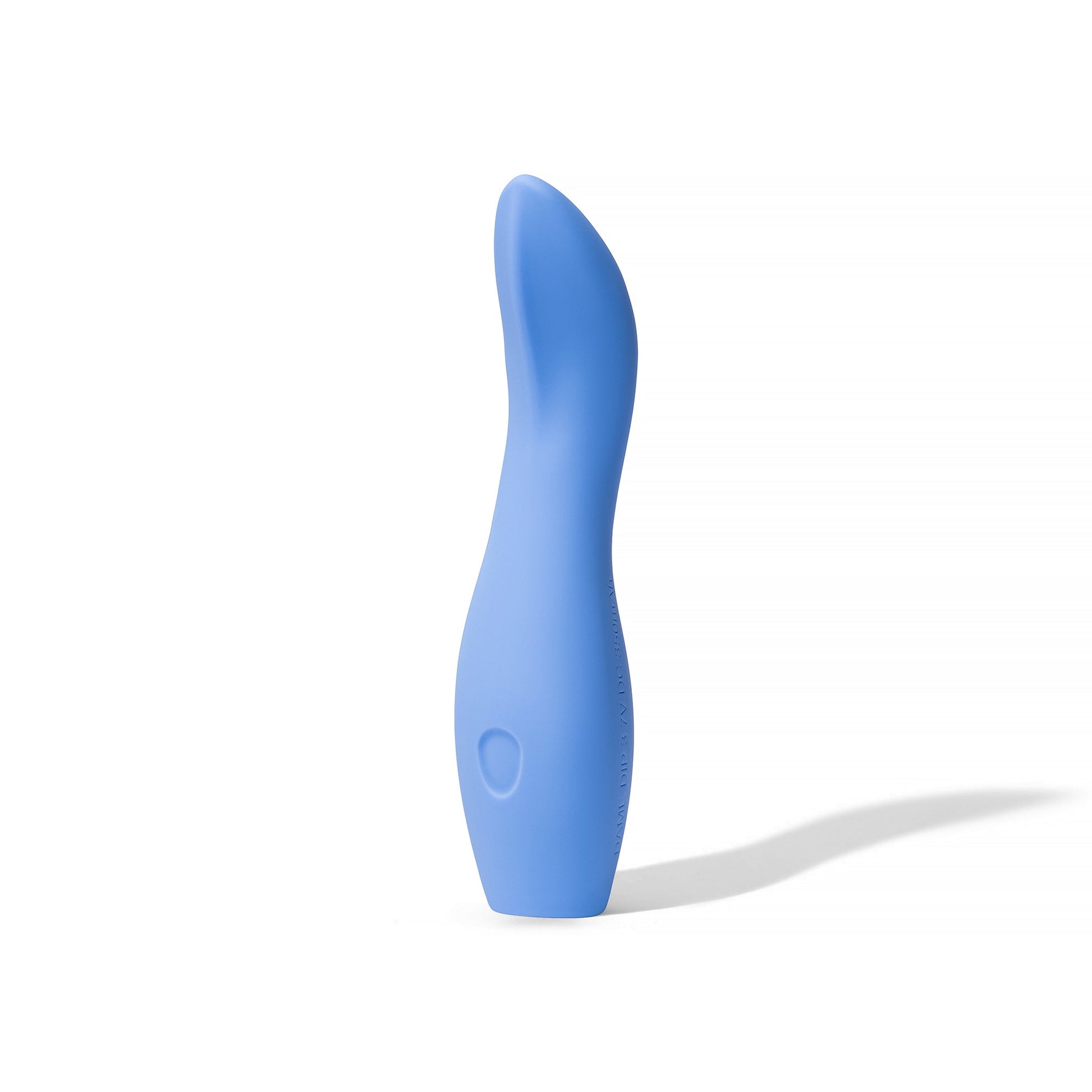 A periwinkle silicone vibrator with an ergonomic shape and a single button.