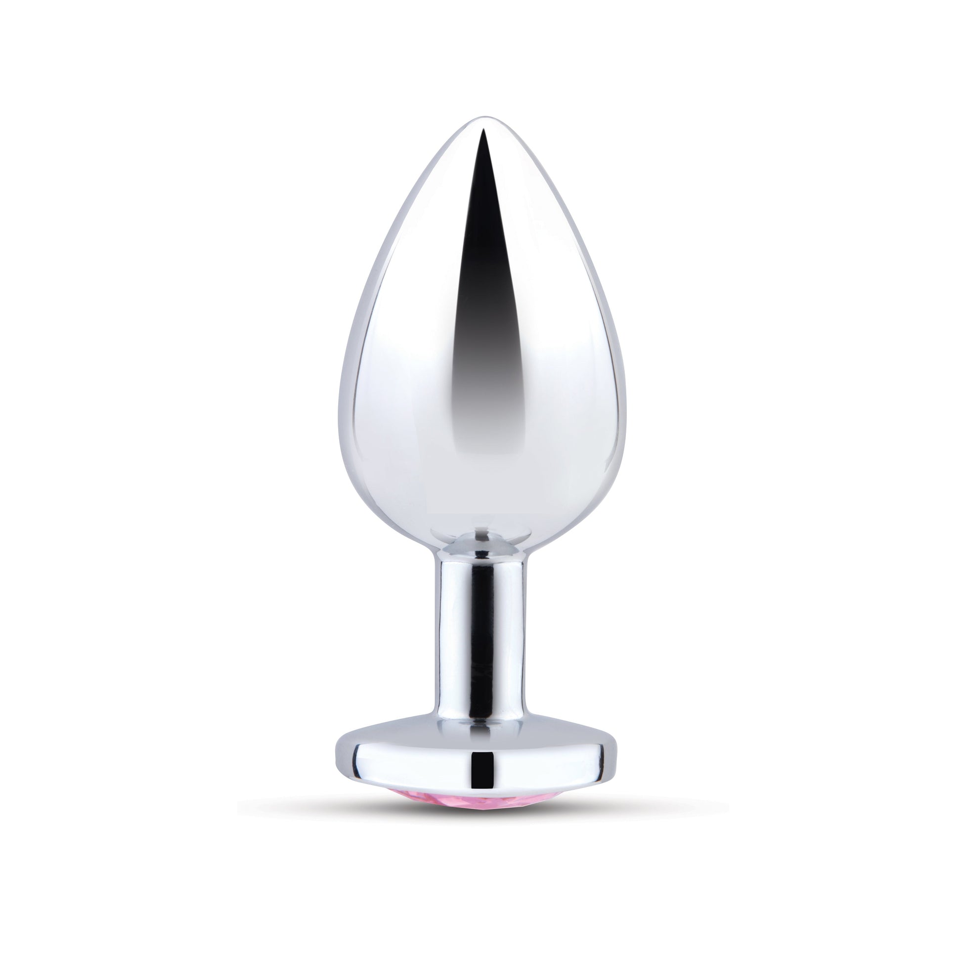 Silver metal anal plug with a pink jewel at the base.
